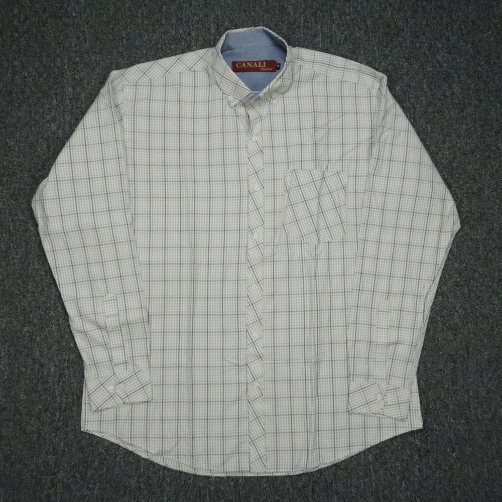 Canali Shirt Mens Large 16 Tan White Check Classic Fit Long Sleeve Button Down